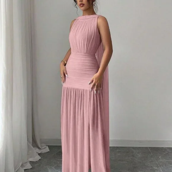 Pink Casual Women's Elegant Backless Pleated Slit Dress - Picture 6 of 6